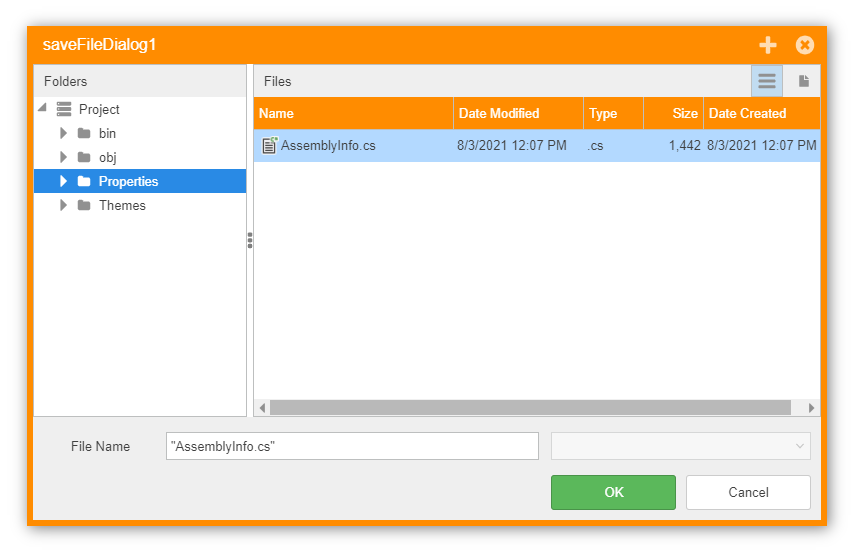 Customized SaveFileDialog with dark orange theme applied